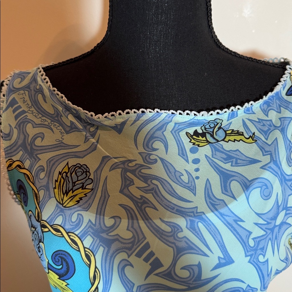 Betsey Johnson Blue & Aqua Swirl Top with White Crochet Trim - Picture 4 of 4